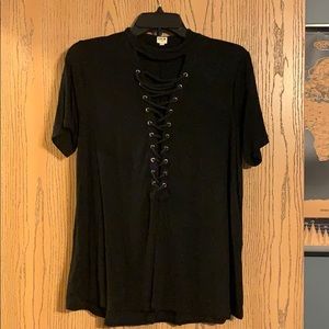 Black Tee With A Deep V Criss Cross Front